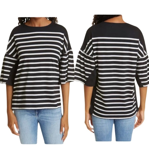 LA LIGNE Striped Cotton Tee Crewneck Elbow-Length Sleeves Black & White Size XS - Picture 3 of 16
